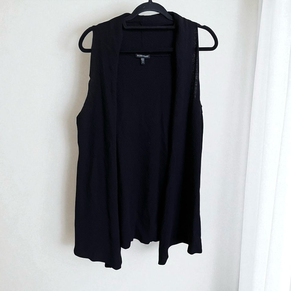 Eileen Fisher Wool Black Sleeveless Open Cardigan Vest Size Medium